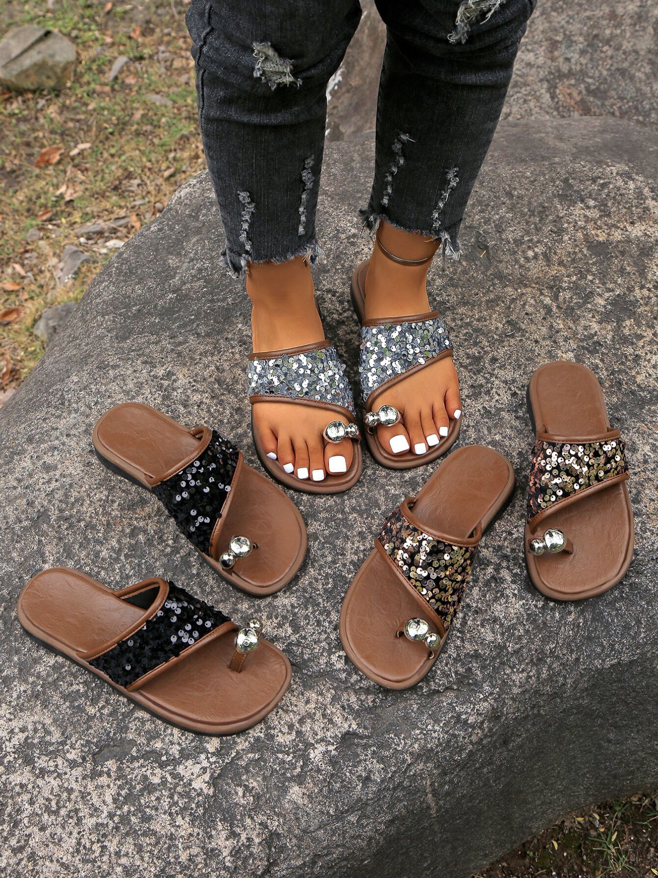 Sequin Toe Loop Flats Sandals