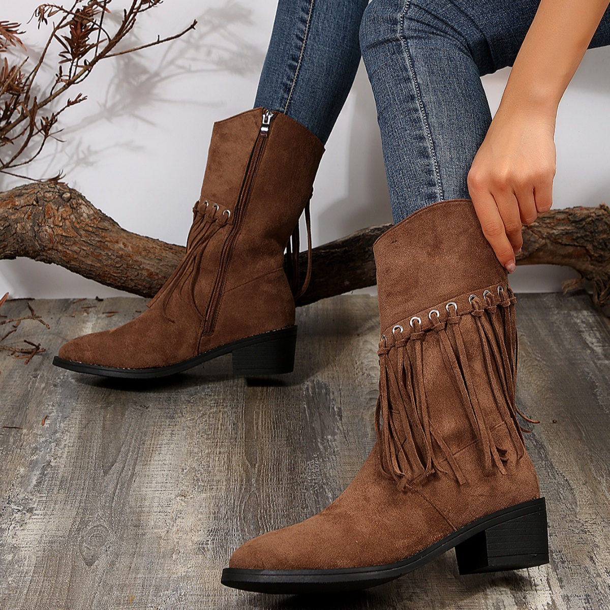 Fringe Western Block Heel Boots