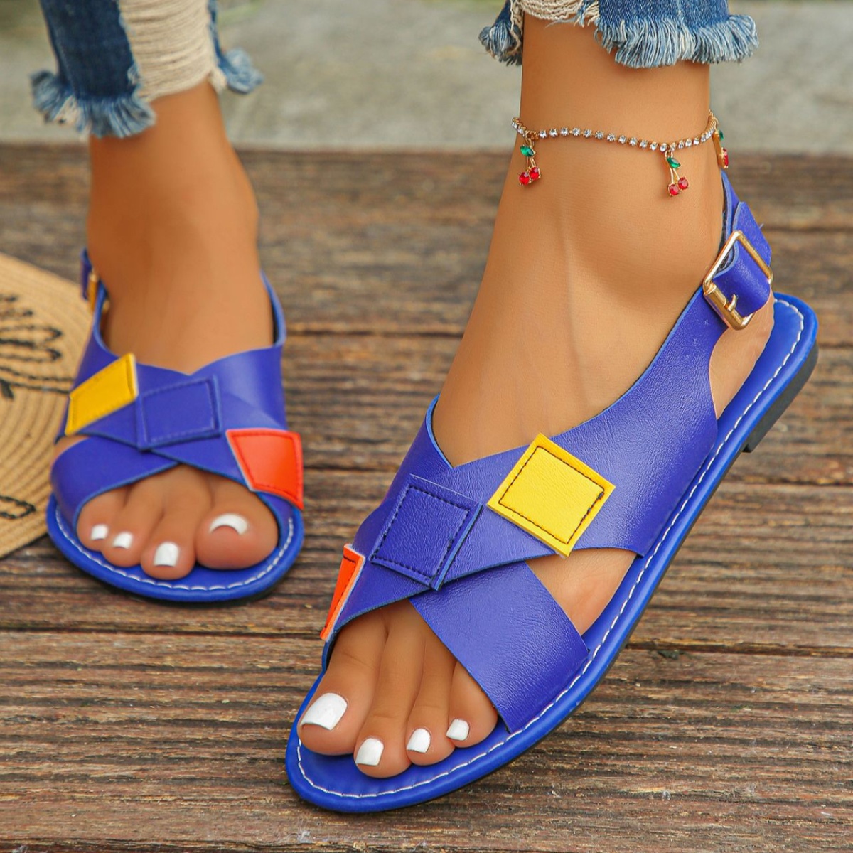 Colorful Patchwork Buckle Ankle Strap Sandals