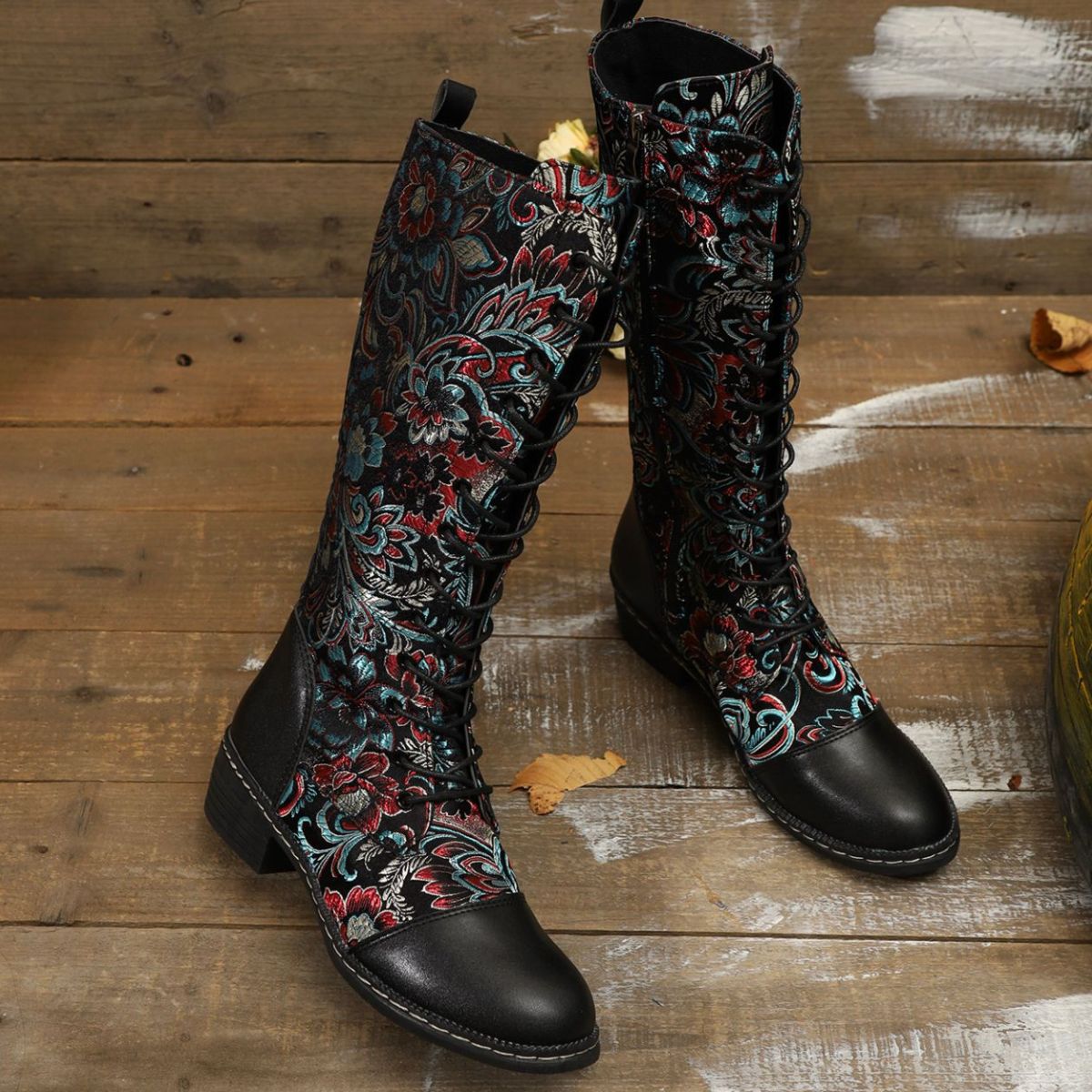 Embroidered Lace-Up Block Heel Boots