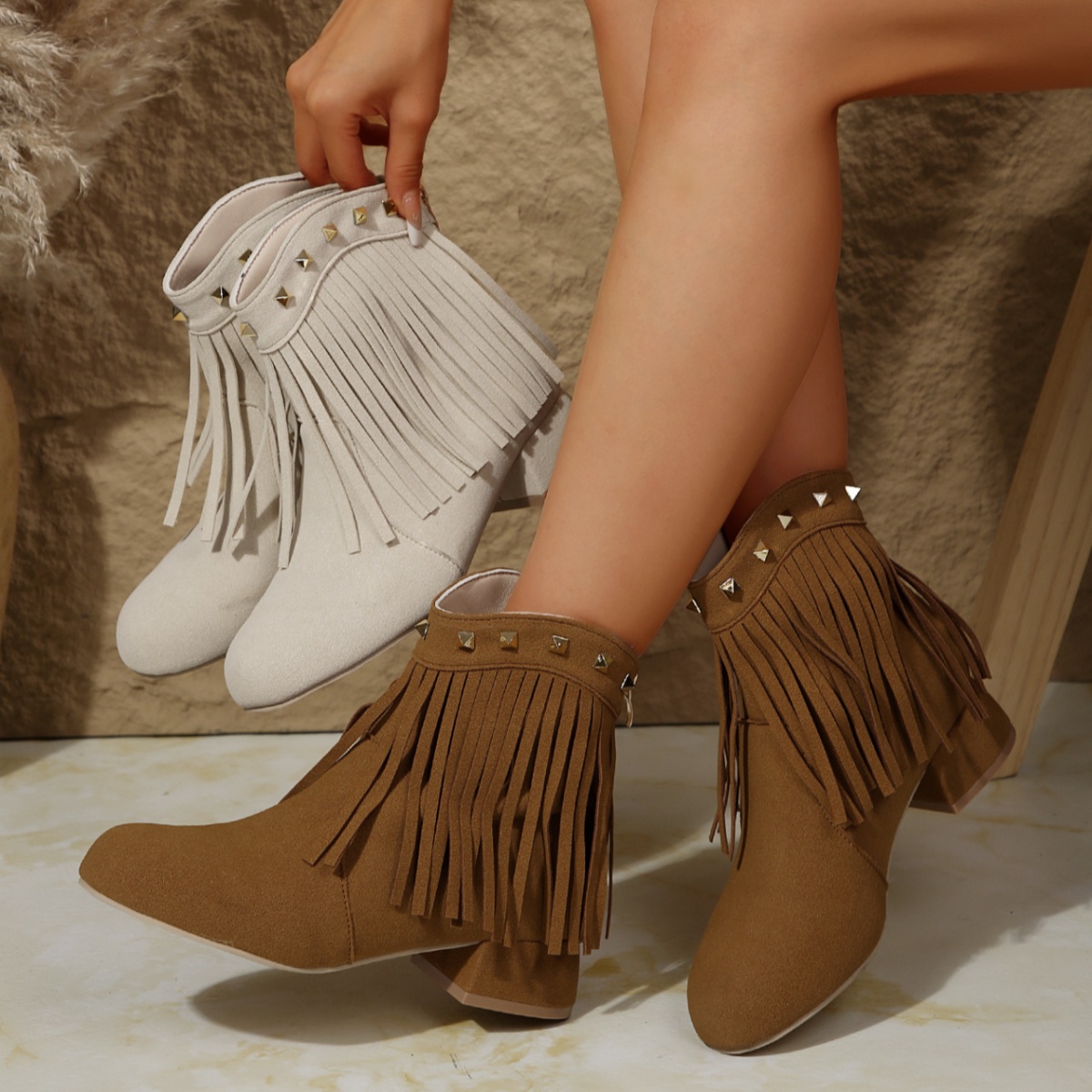 Fringe Ankle Boots with Studded Detail