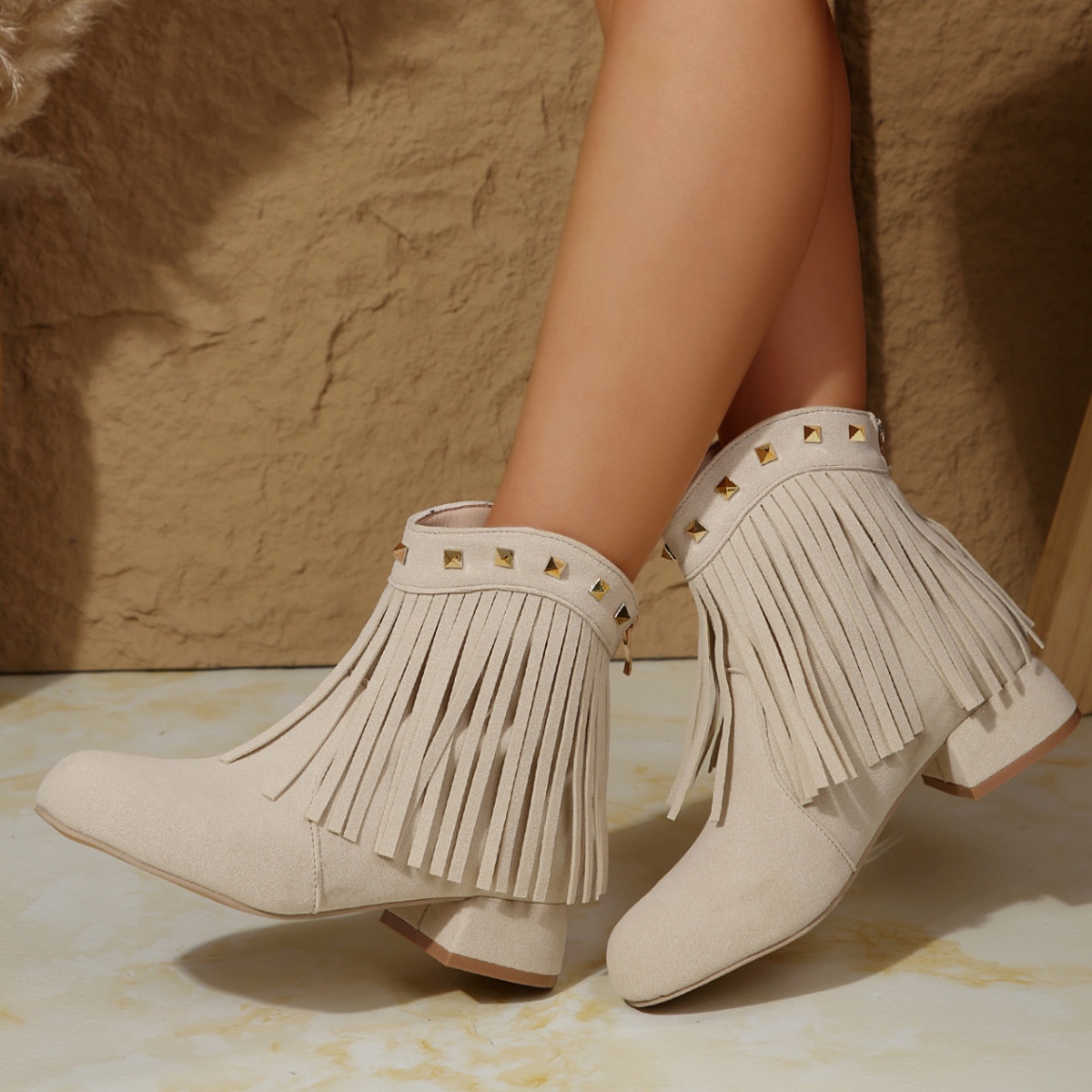 Fringe Ankle Boots with Studded Detail
