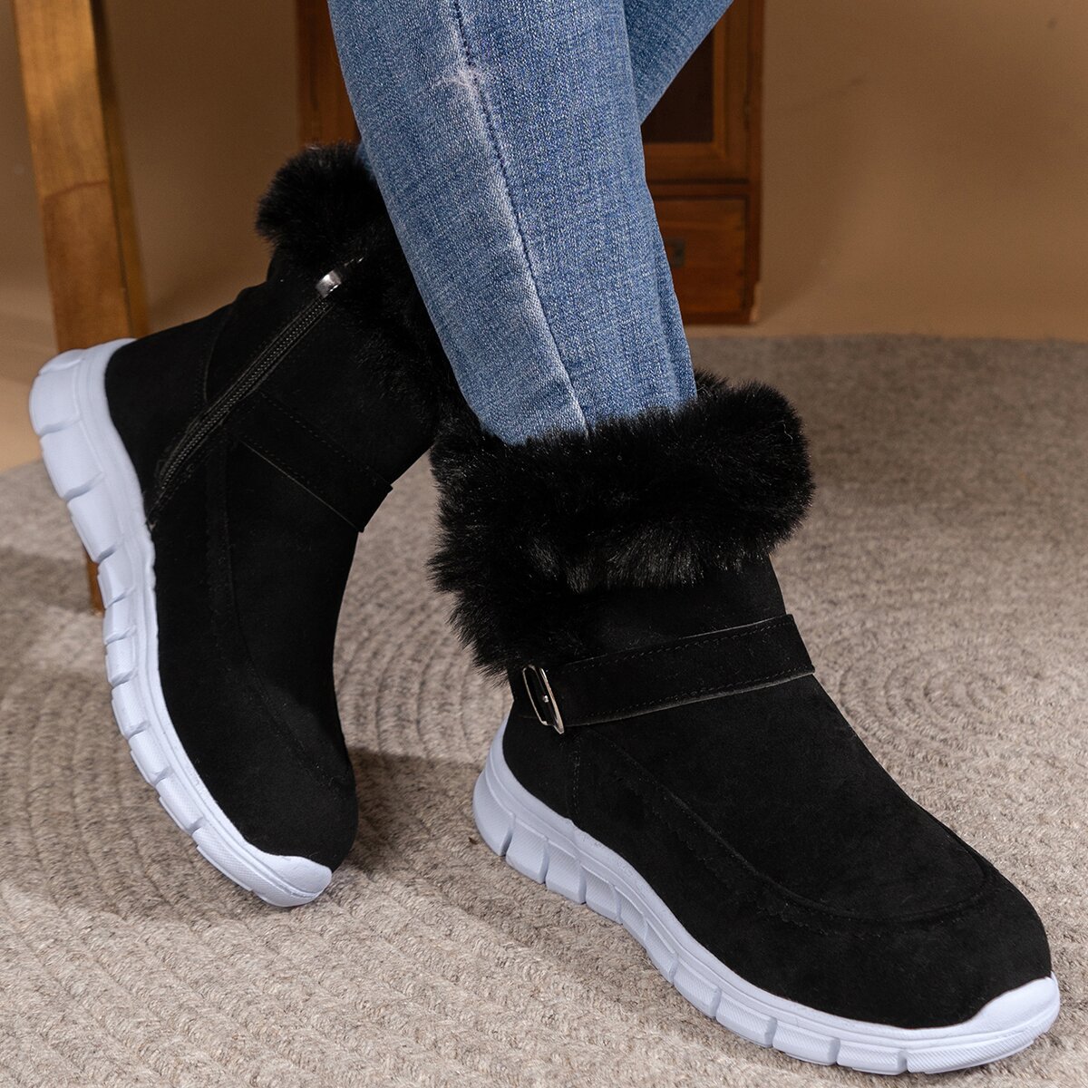 Fuzzy Trim Buckle Boots