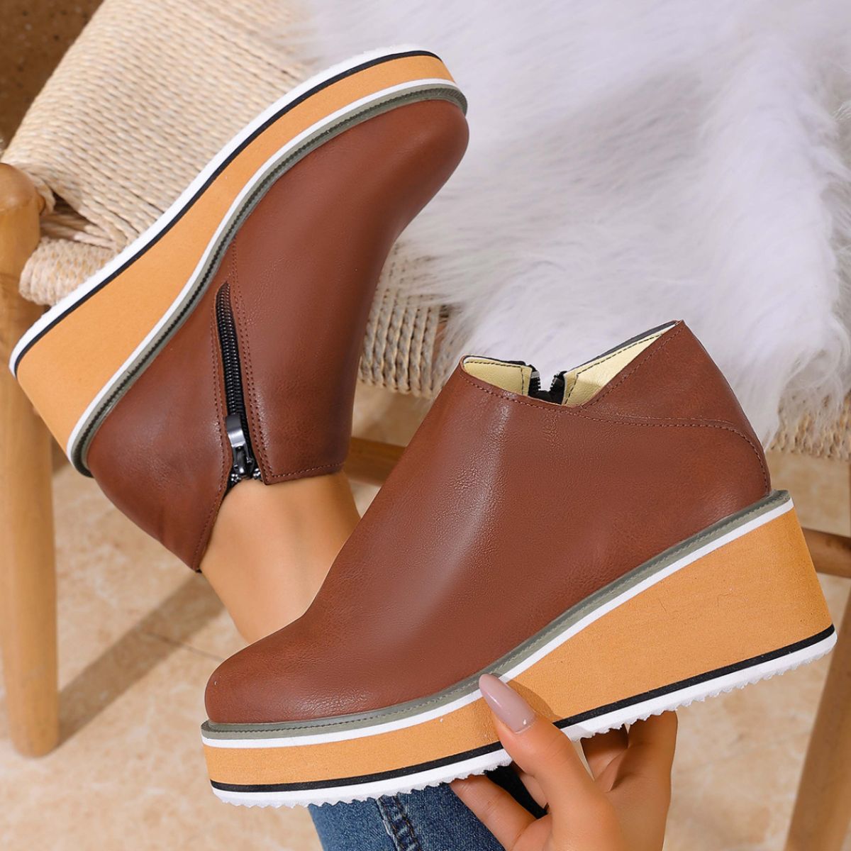 Round Toe Wedge Ankle Boots