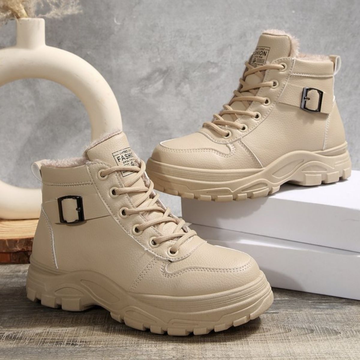 Warm Lined Ankle Boots with Buckle Detail