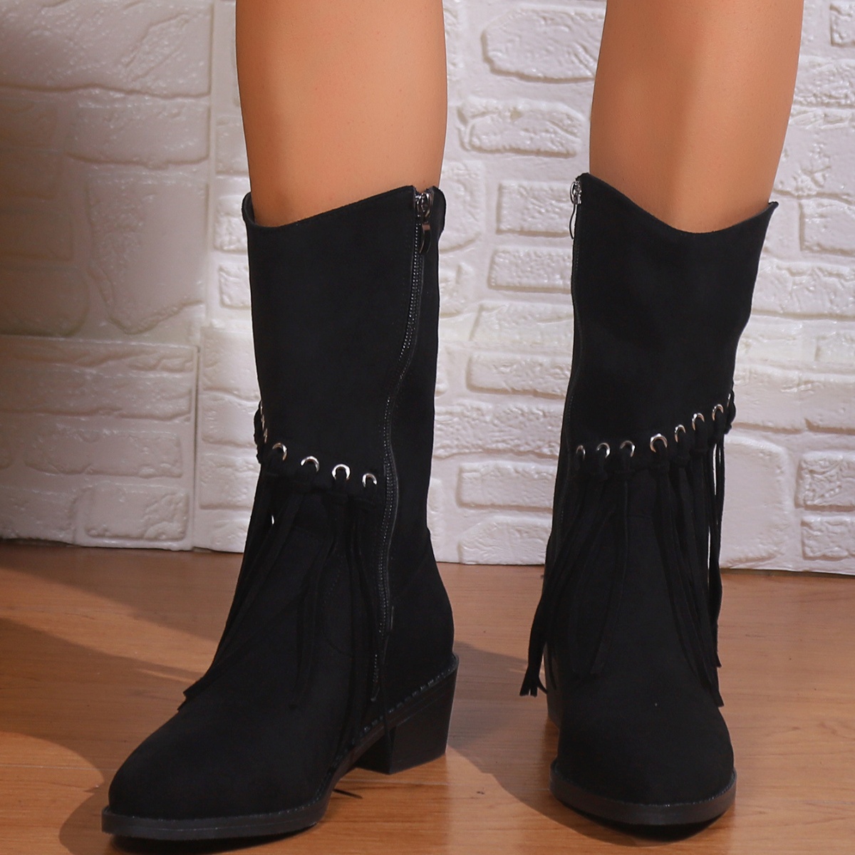 Fringe Western Block Heel Boots