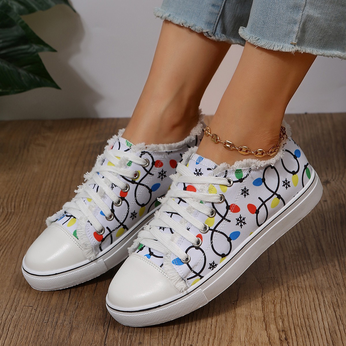 Raw Hem Printed Round Toe Sneakers