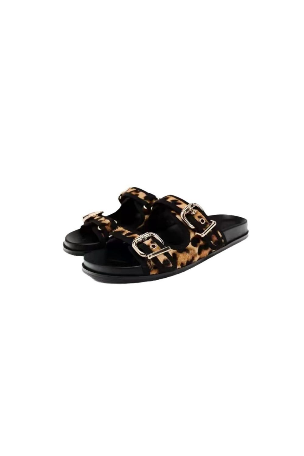 Leopard Double Duckle Open Toe Flats Sandals