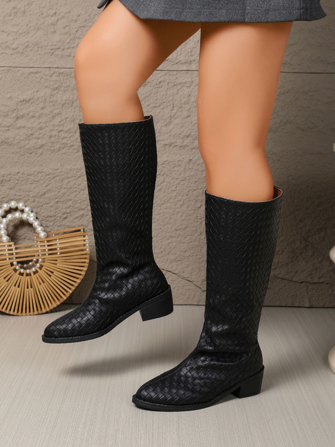 Woven Textured Block Heels Boots