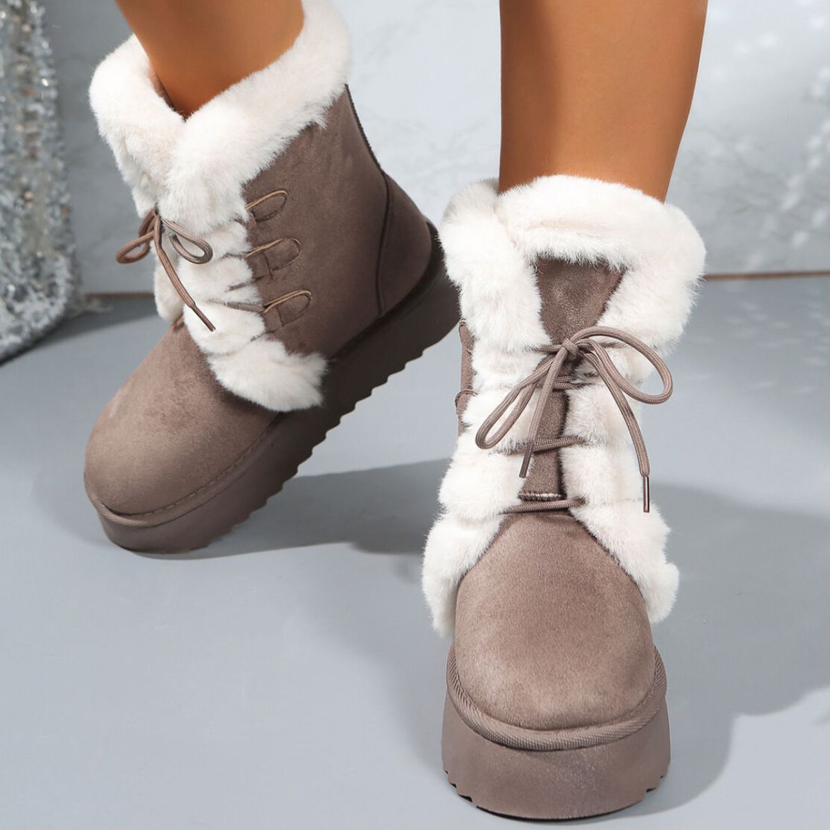 Fuzzy Trim Lace-Up Platform Boots