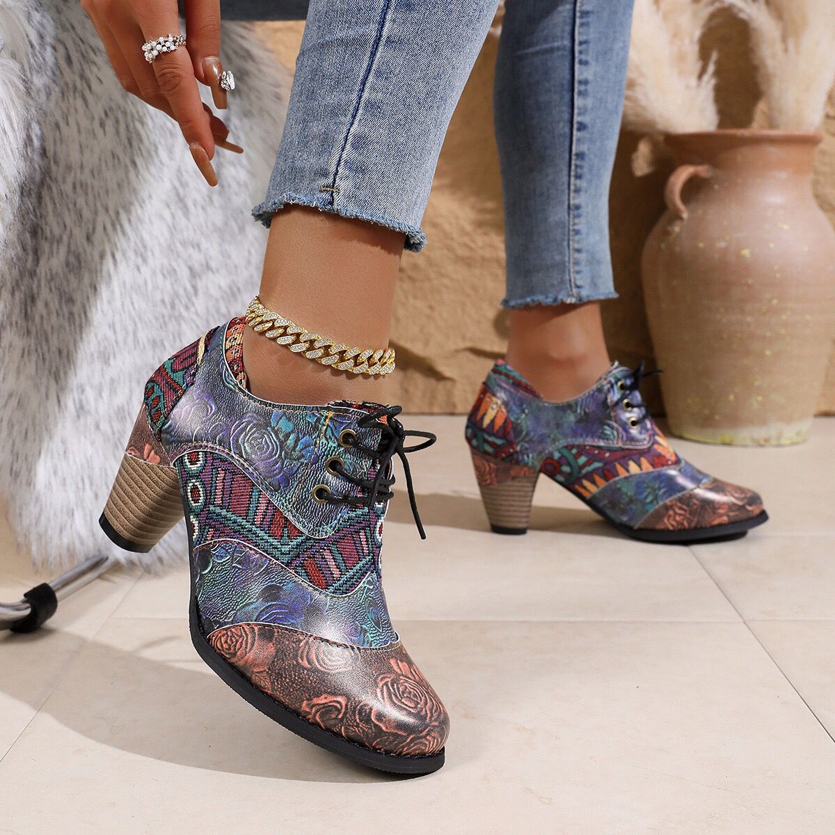 Lace-Up Block Heel Ankle Boots