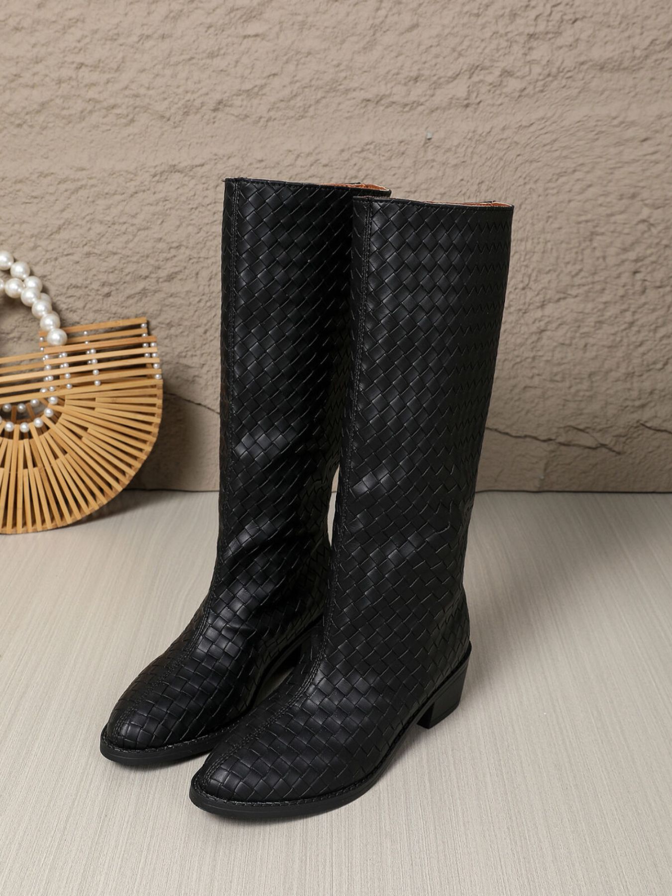Woven Textured Block Heels Boots