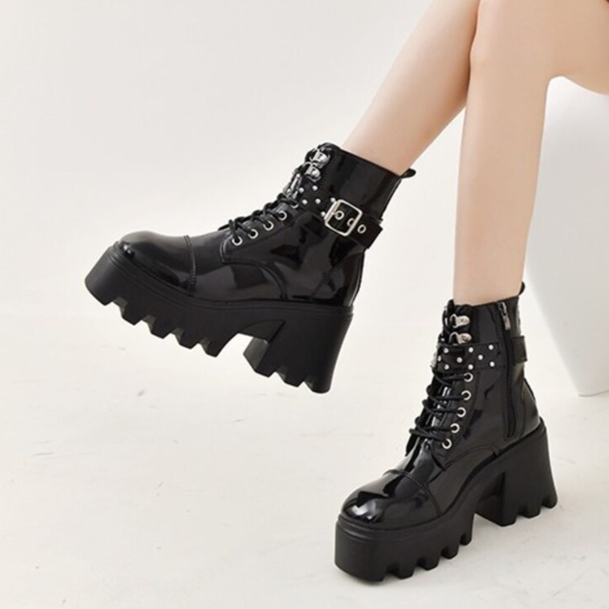 Platform Ankle Boots with Buckle and Studded Detail