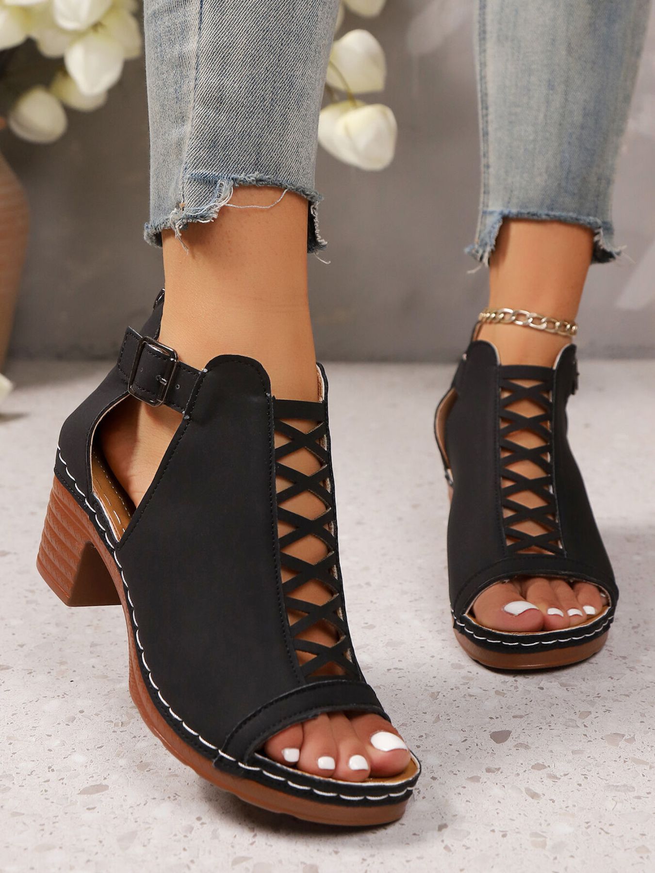 Crisscross Peep Toe Block Heels Sandals