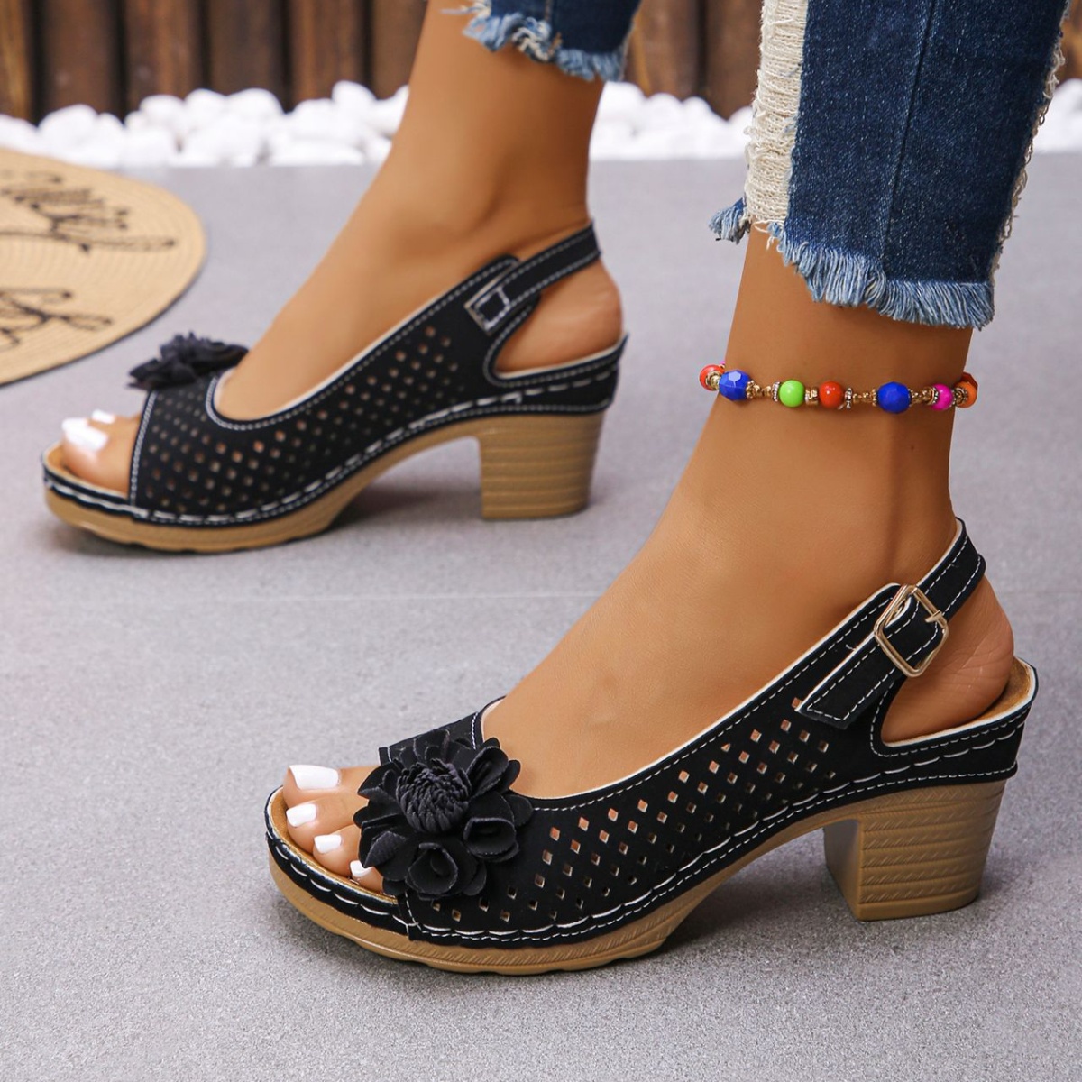 Floral Accent Block Heel Sandals