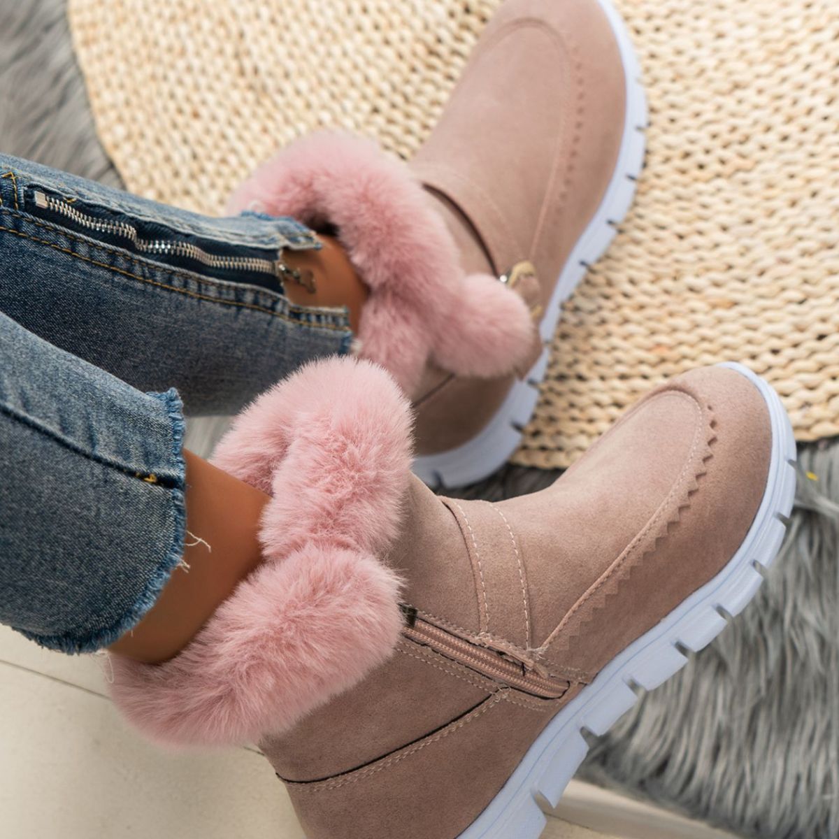 Faux Fur Trim Ankle Boots