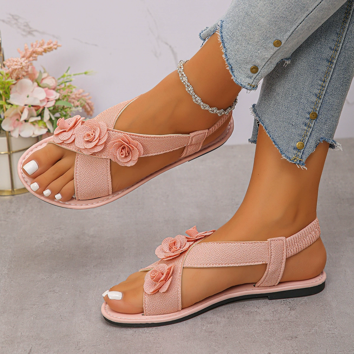 Floral Embellished Elastic Slingback Sandals