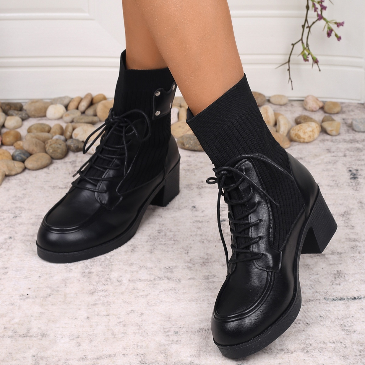 Lace Up Block Heels Boots
