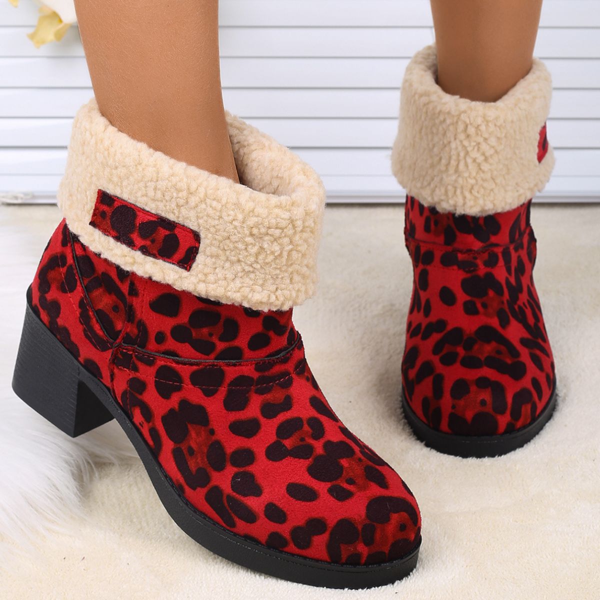 Plush Cuff Block Heel Boots