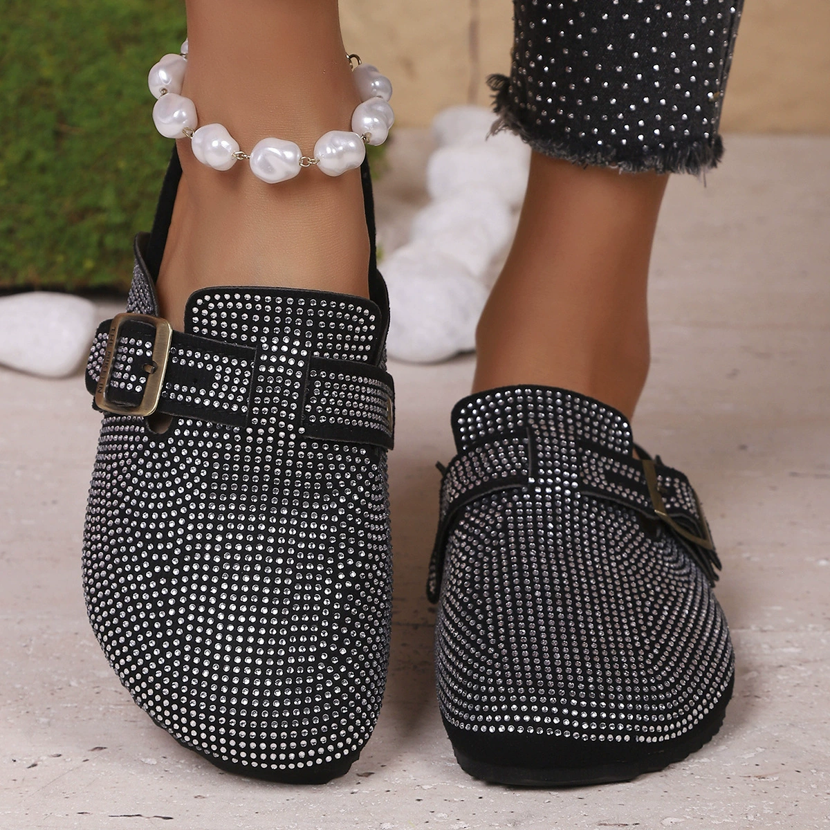 Rhinestone Buckle Accent Slip-Ons