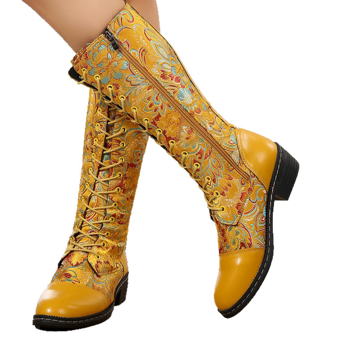 Embroidered Lace-Up Block Heel Boots
