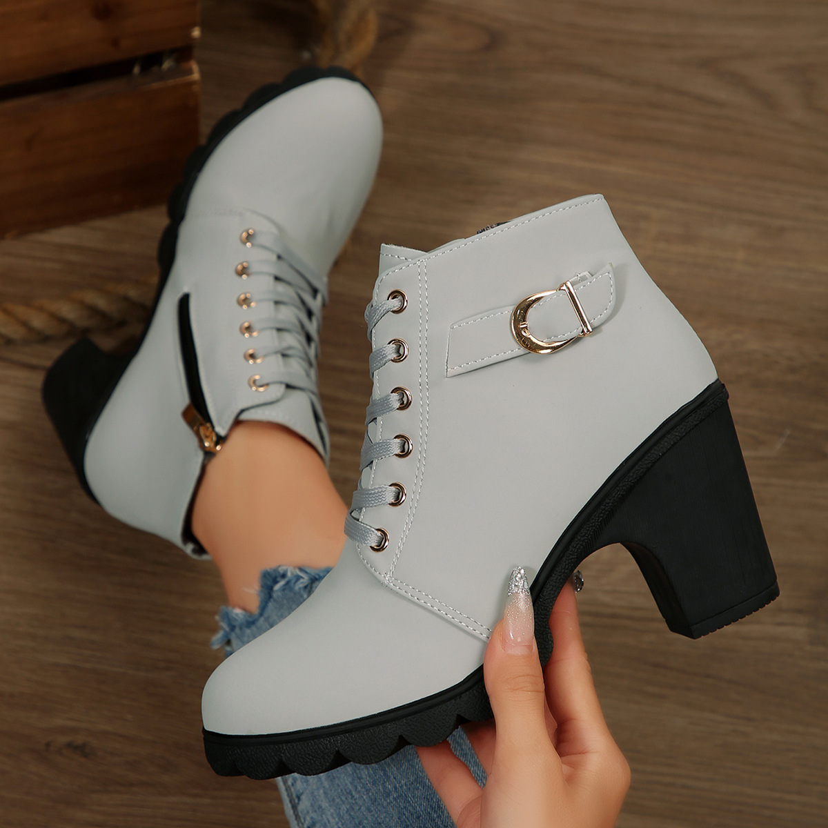 Lace Up Block Heels Boots