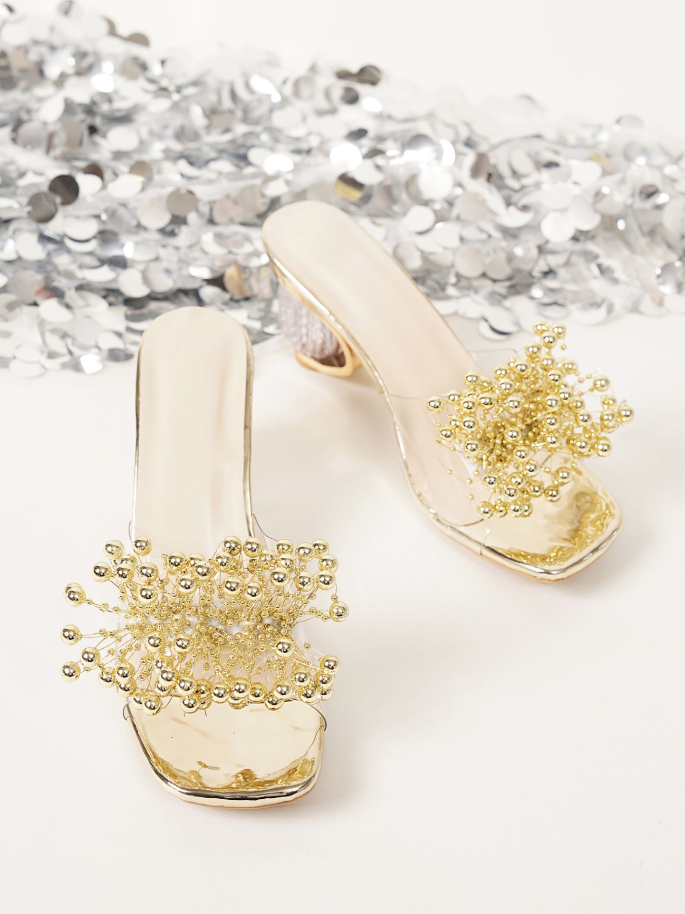 Pearl Embellished Clear Heel Sandals