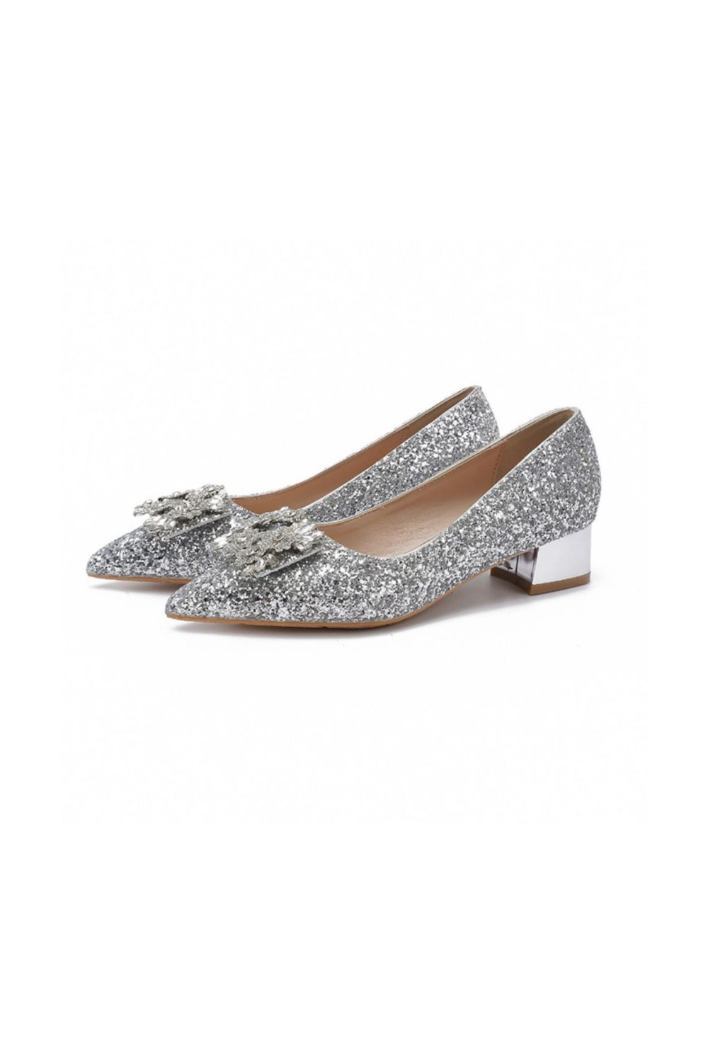 Glitter Point Toe Block Heel Pumps