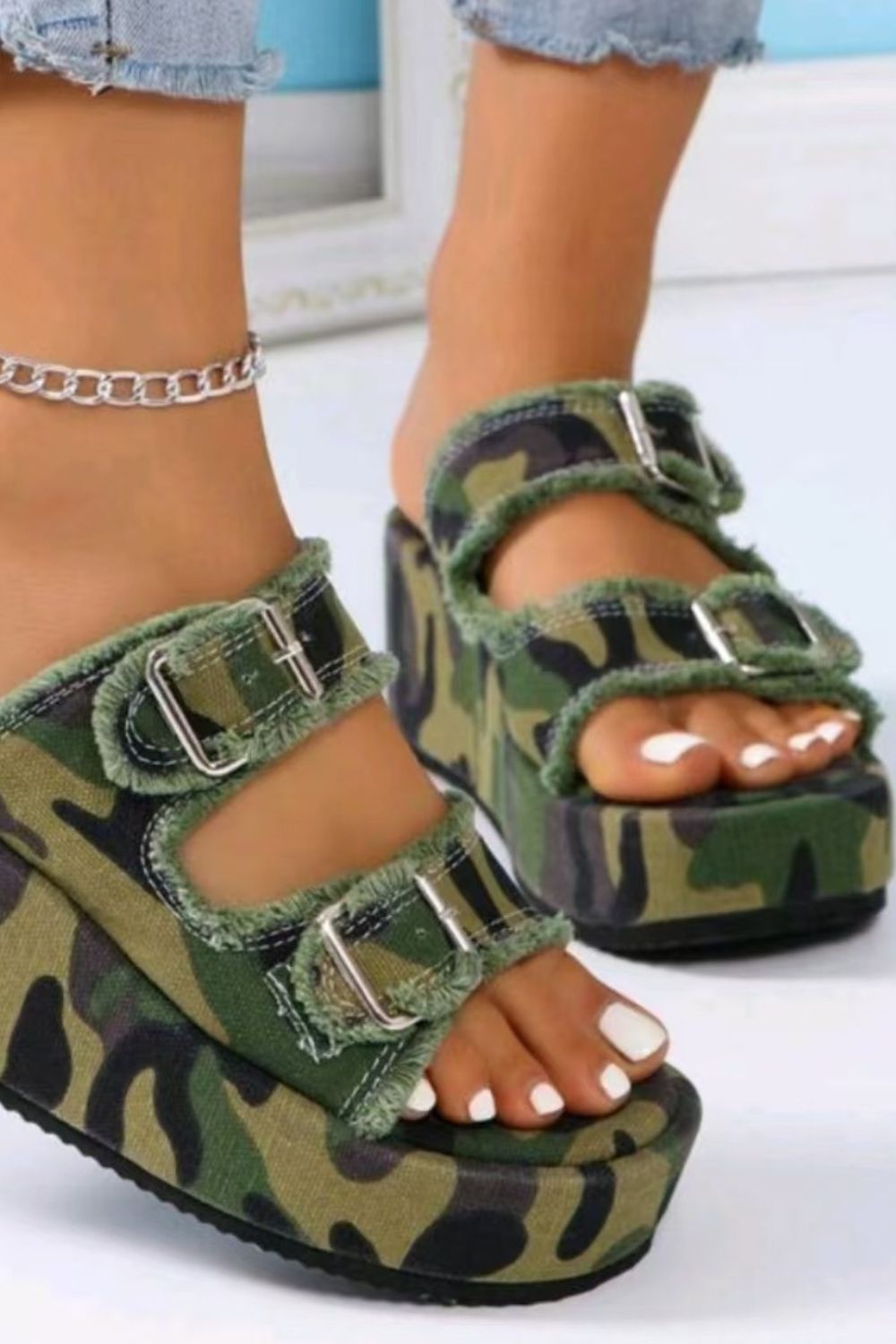 Raw Hem Wedge Buckle Sandals