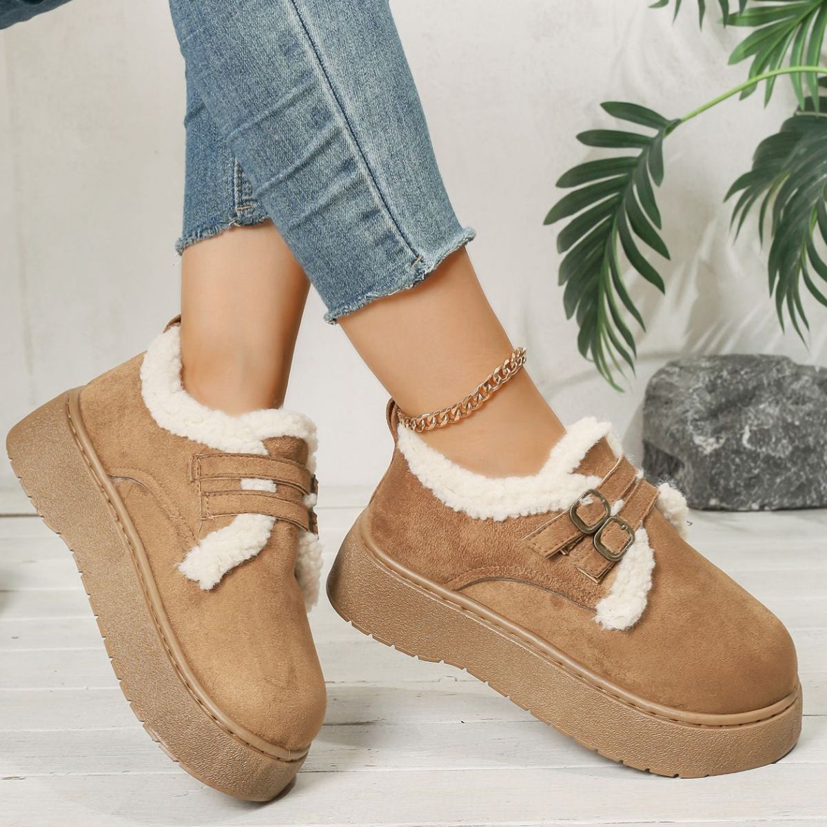 Buckle Strap Faux Fur Trim Platform Boots
