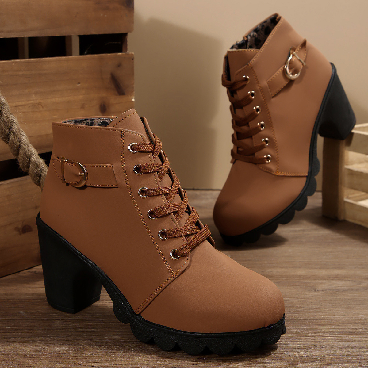 Lace-Up Buckle Chunky Heel Ankle Boots