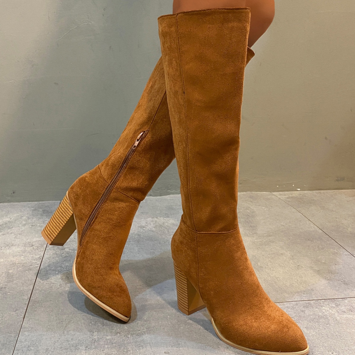 Point Toe Knee-High Suede Block Heel Boots