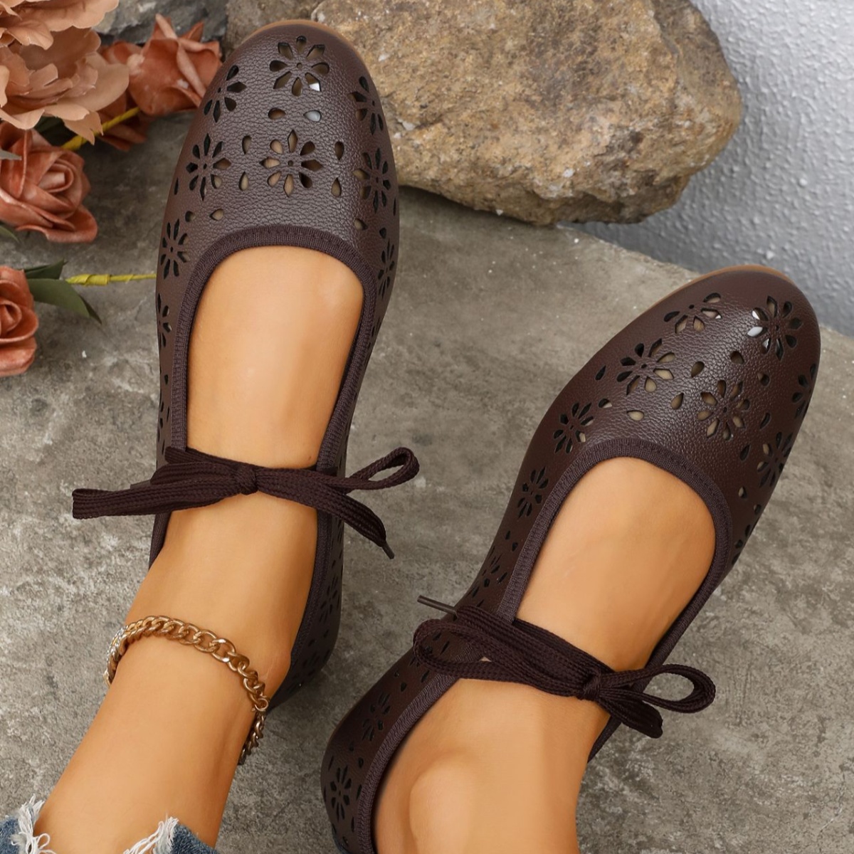 Floral Cutout Tied Slip-Ons