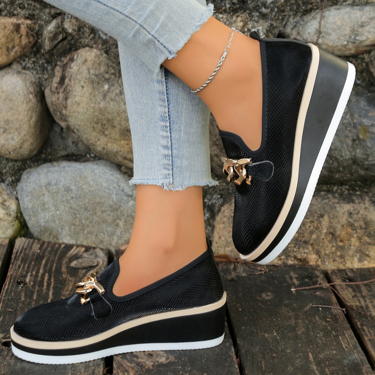 Chain Decor Wedge Loafers
