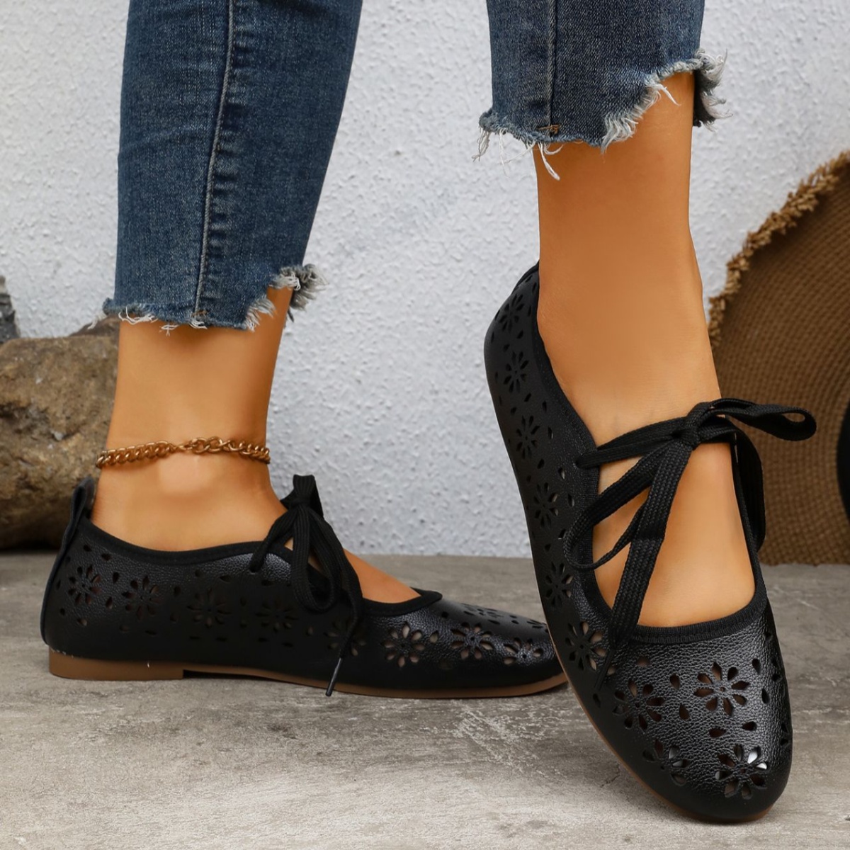 Floral Cutout Tied Slip-Ons