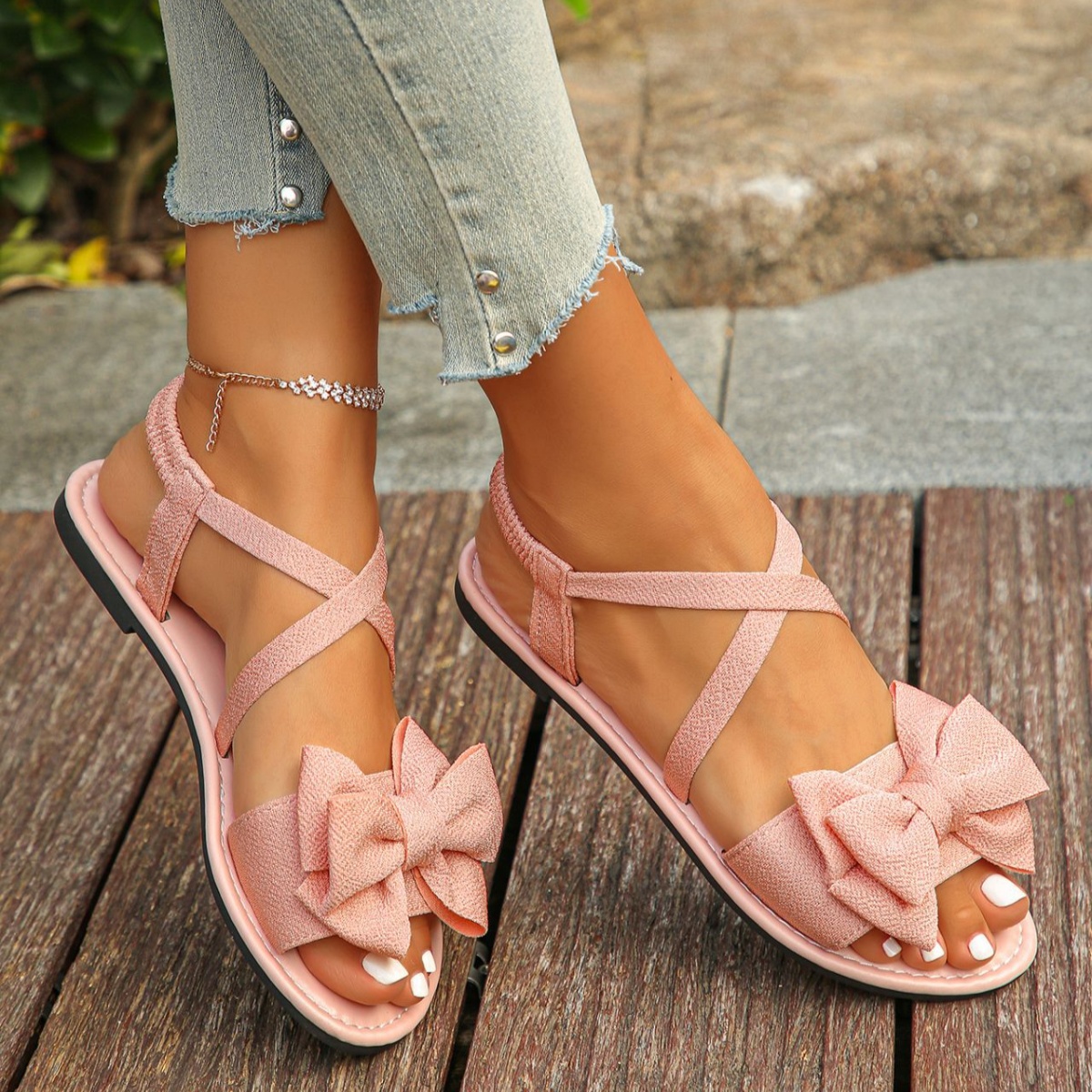 Bow-Decor Crisscross Ankle Strap Sandals