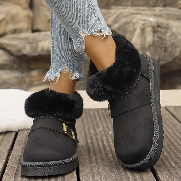 Fuzzy Trim Buckle Accent Winter Boots