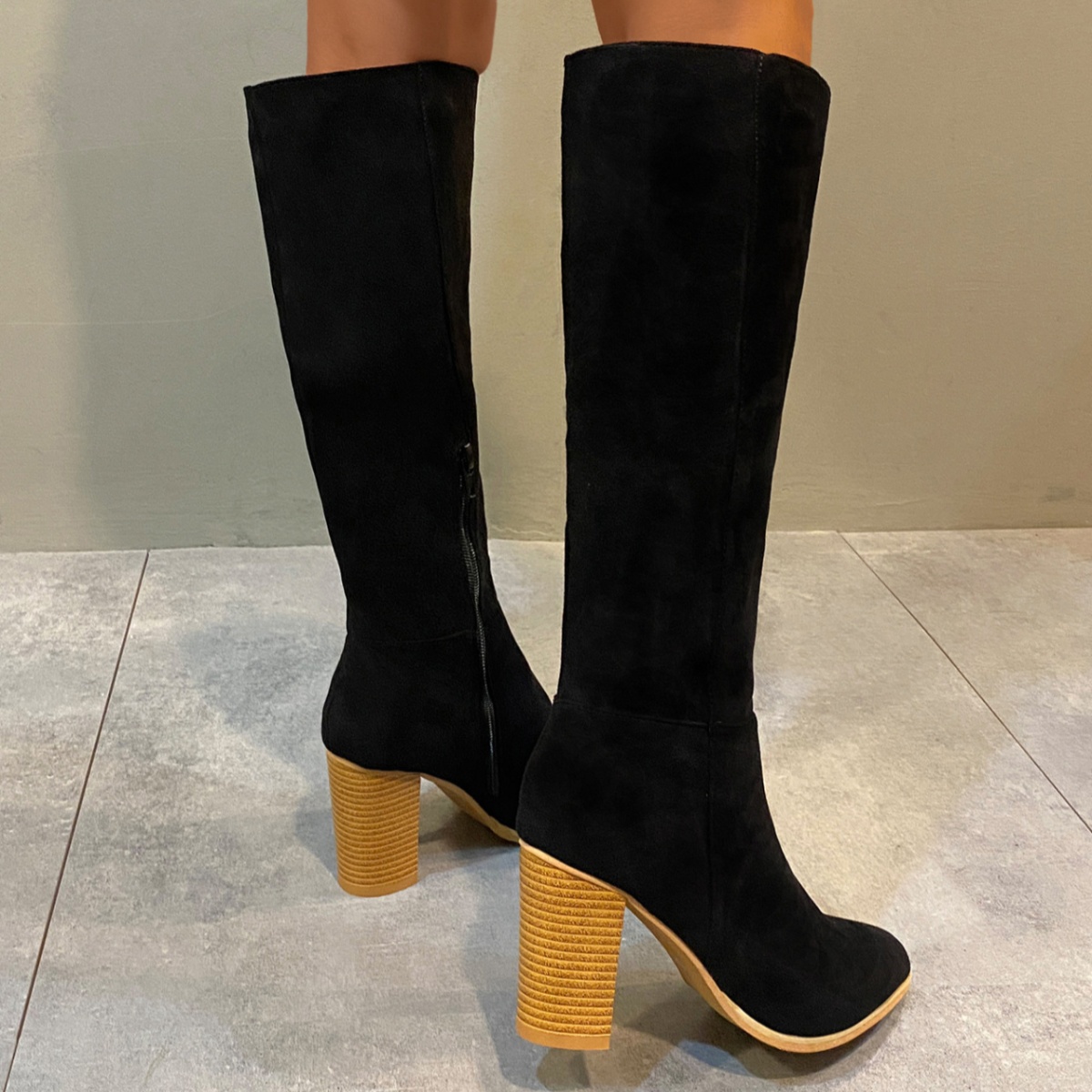 Point Toe Knee-High Suede Block Heel Boots