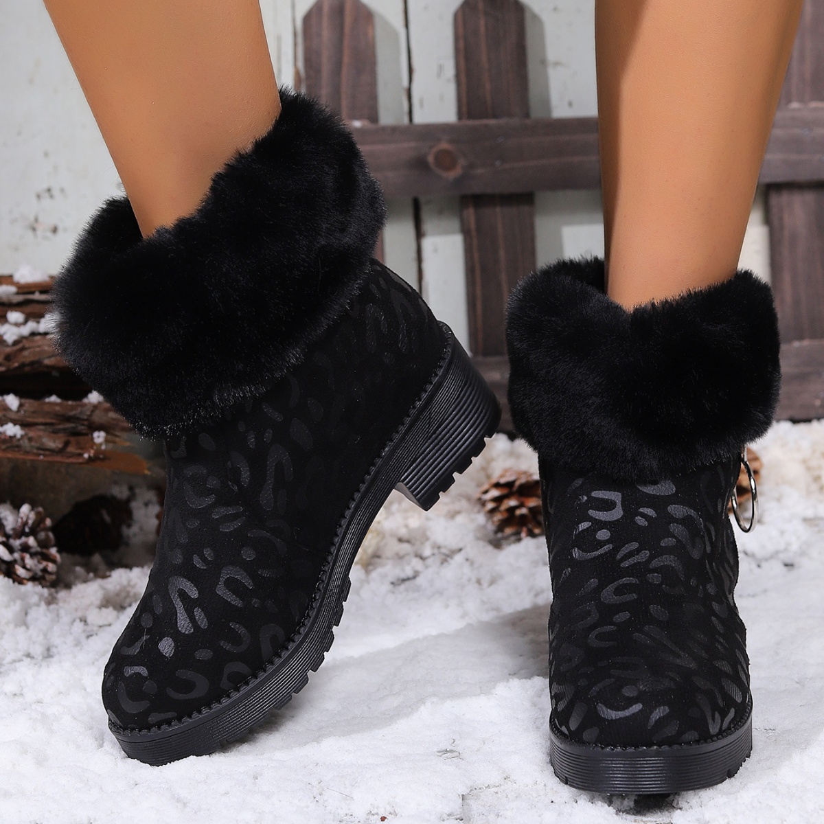 Fuzzy Cuff Leopard Print Ankle Boots