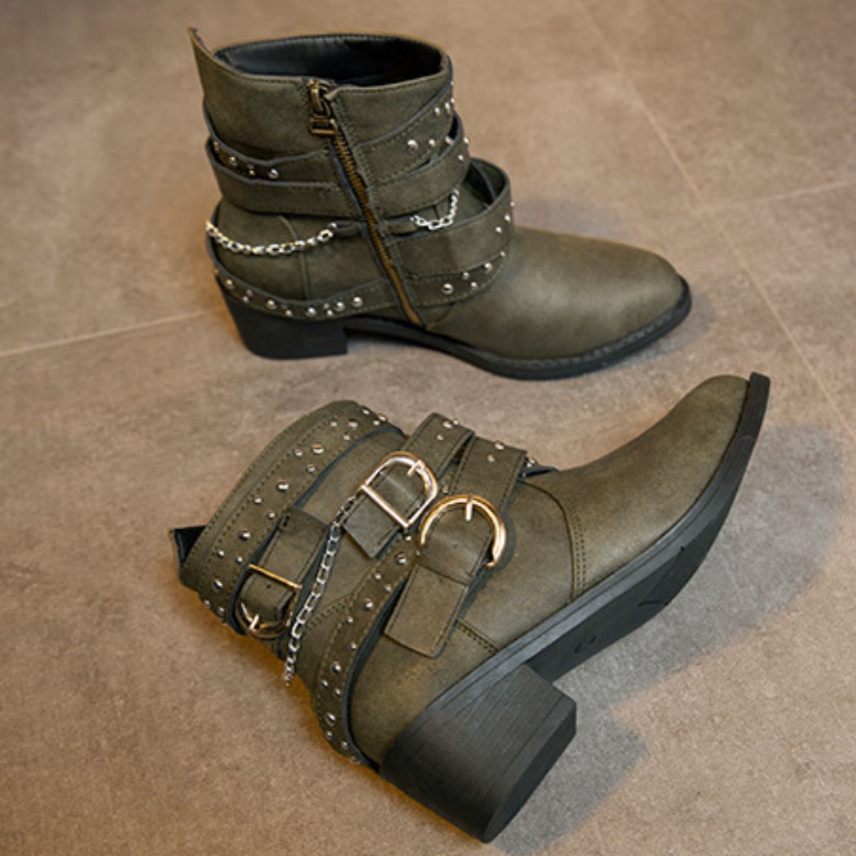 Studded Buckle Ankle Boots