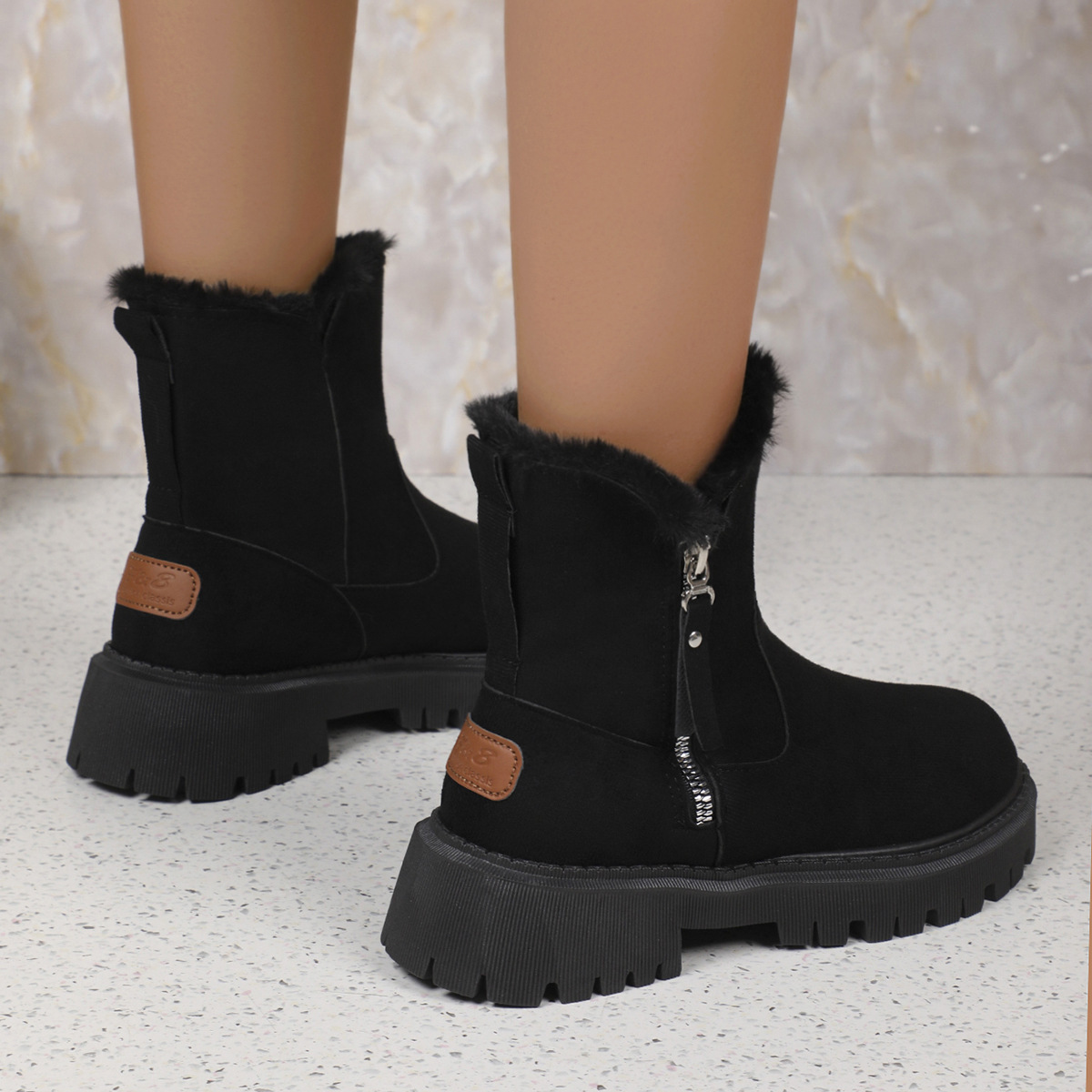 Fuzzy Lined Ankle Boots with Zipper