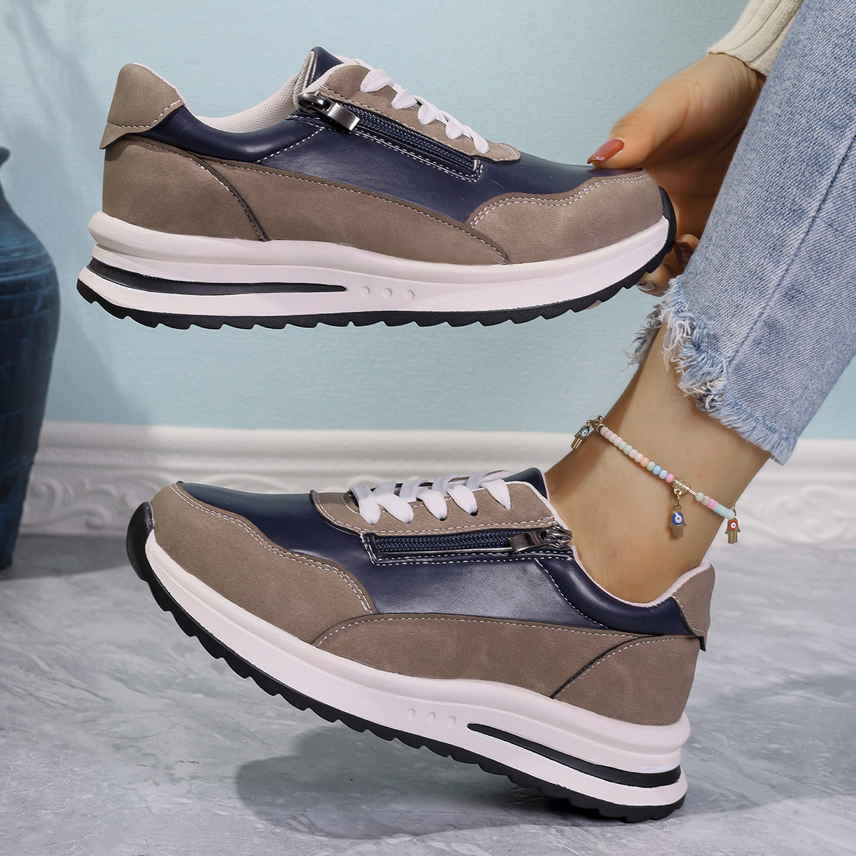 Zipper Detail Lace Up Sneakers