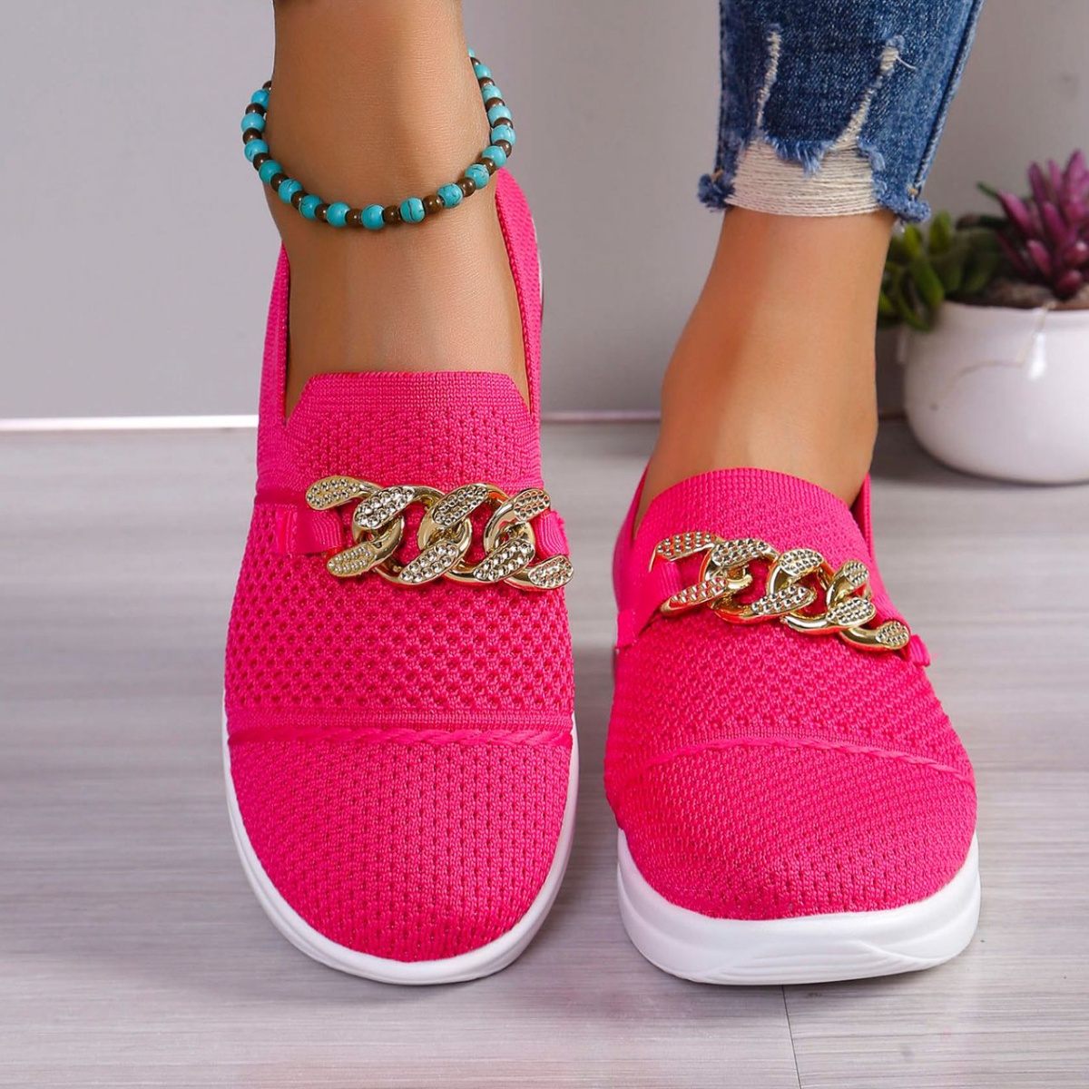 Chain Detail Round Toe Slip-Ons