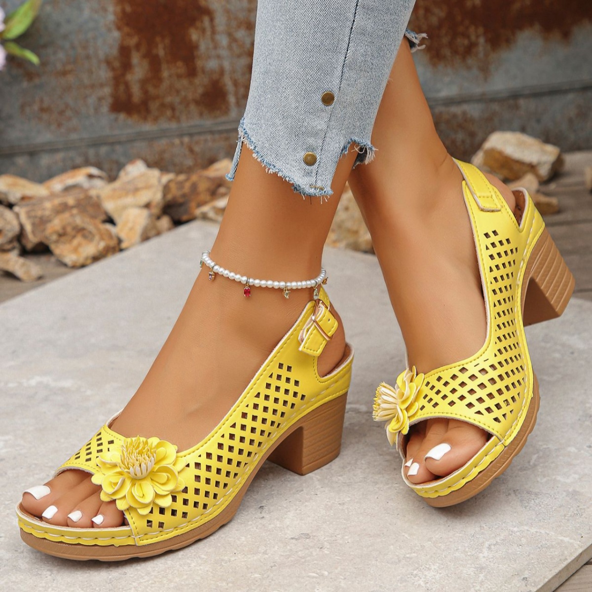 Floral Accent Block Heel Sandals