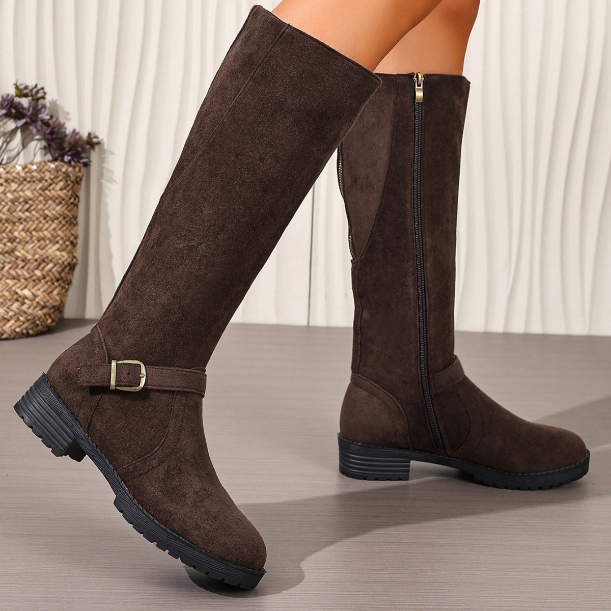 Knee-High Suede Buckle Accent Boots