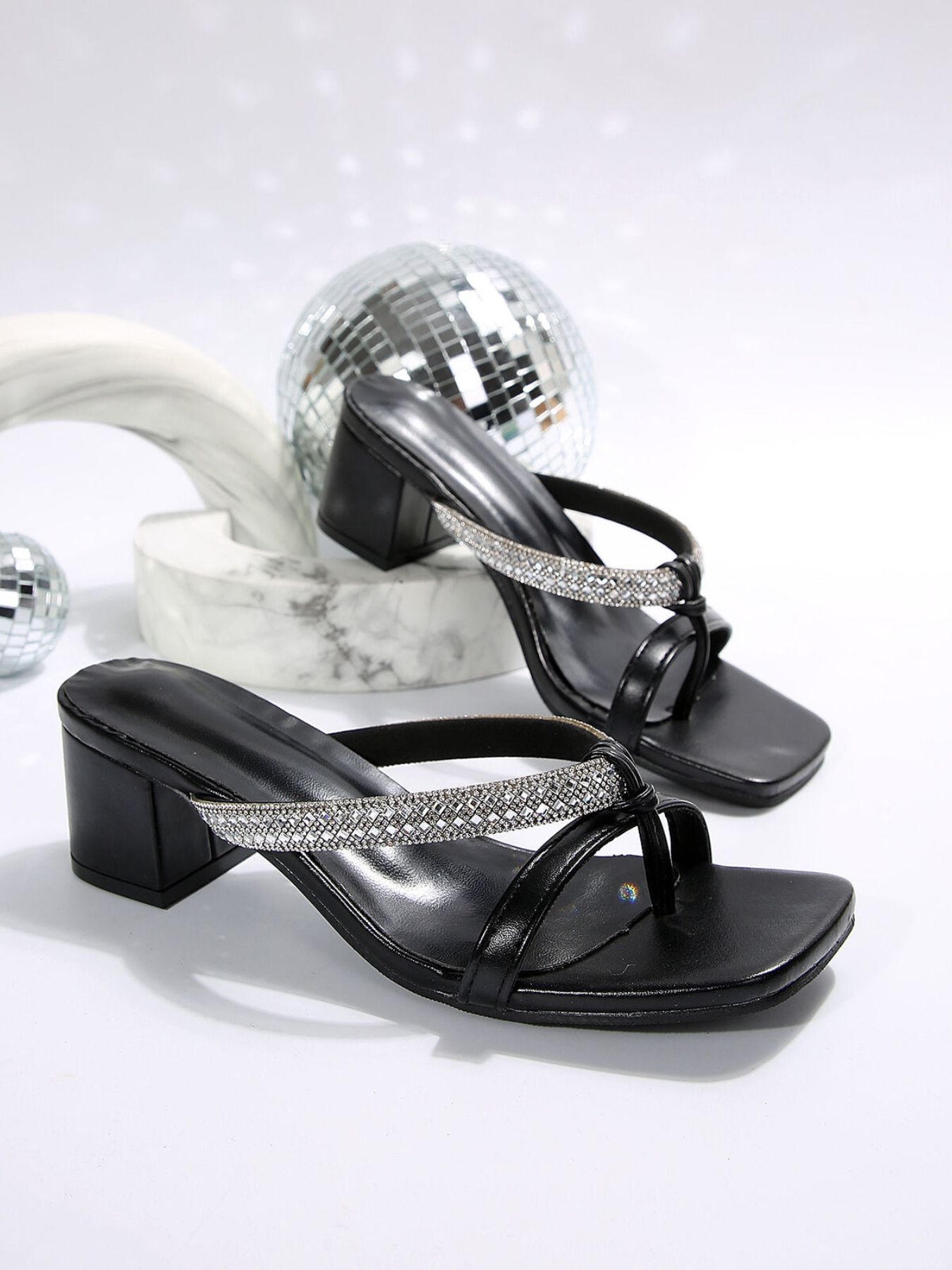 Rhinestone Embellished Block Heel Sandals