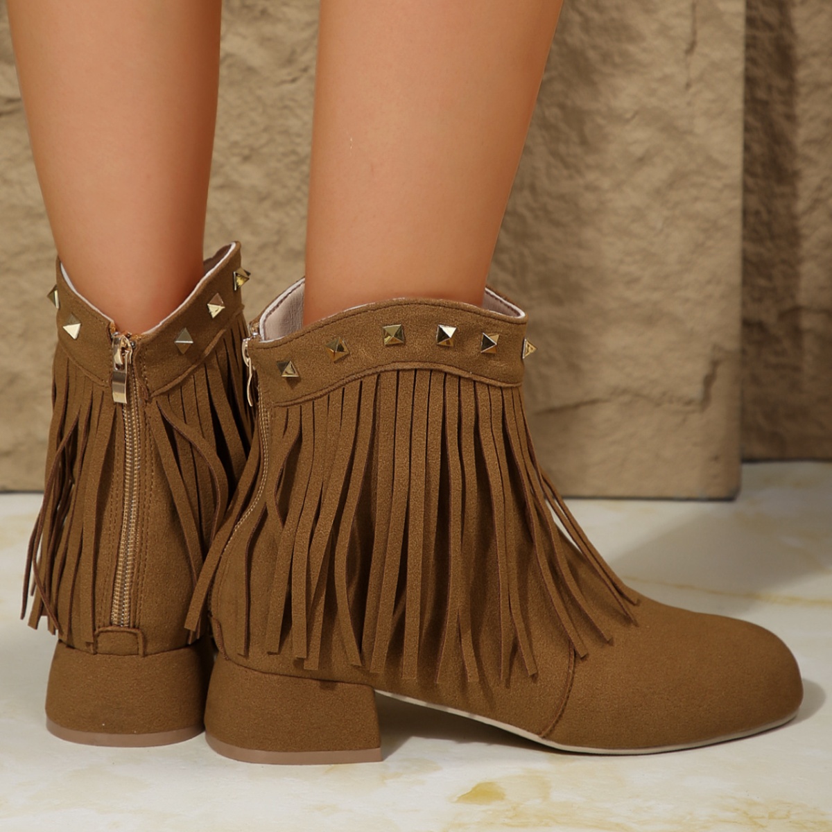 Fringe Ankle Boots with Studded Detail