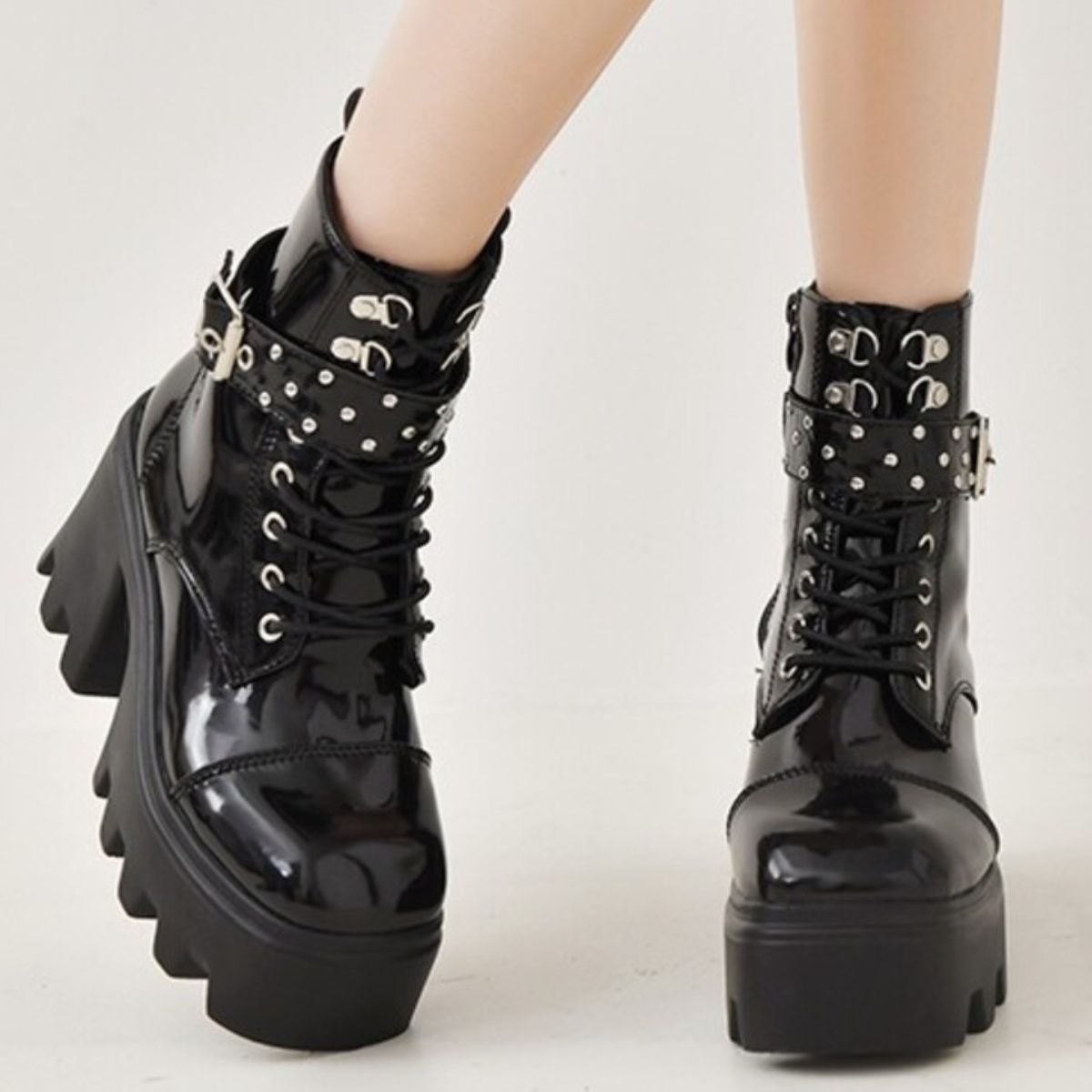 Platform Ankle Boots with Buckle and Studded Detail