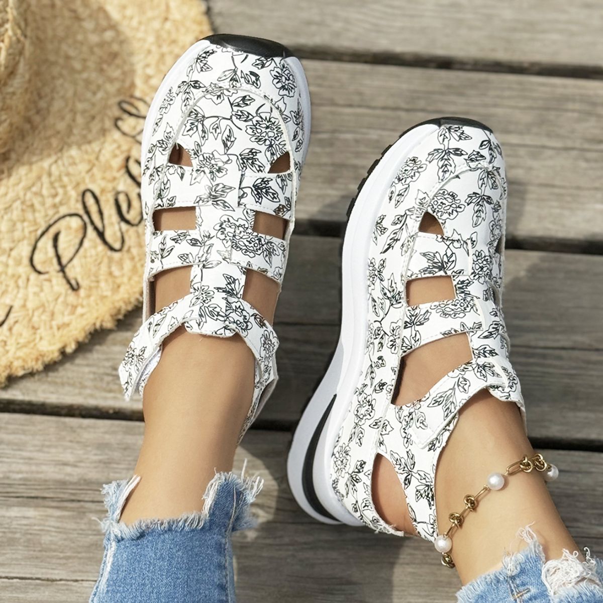 Cutout Velcro Sandals