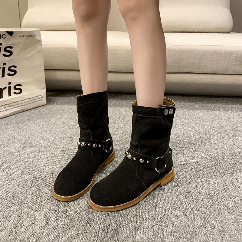Studded Suede Mid-Calf Harness Boots